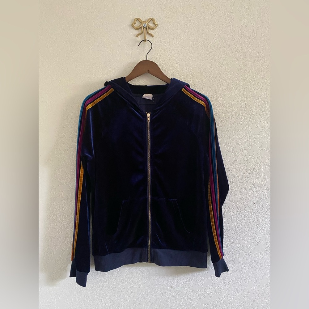 Natural Life Hoodie Womens M Navy Blue Velvet Rainbow Stripe Zip Up Sweatshirt